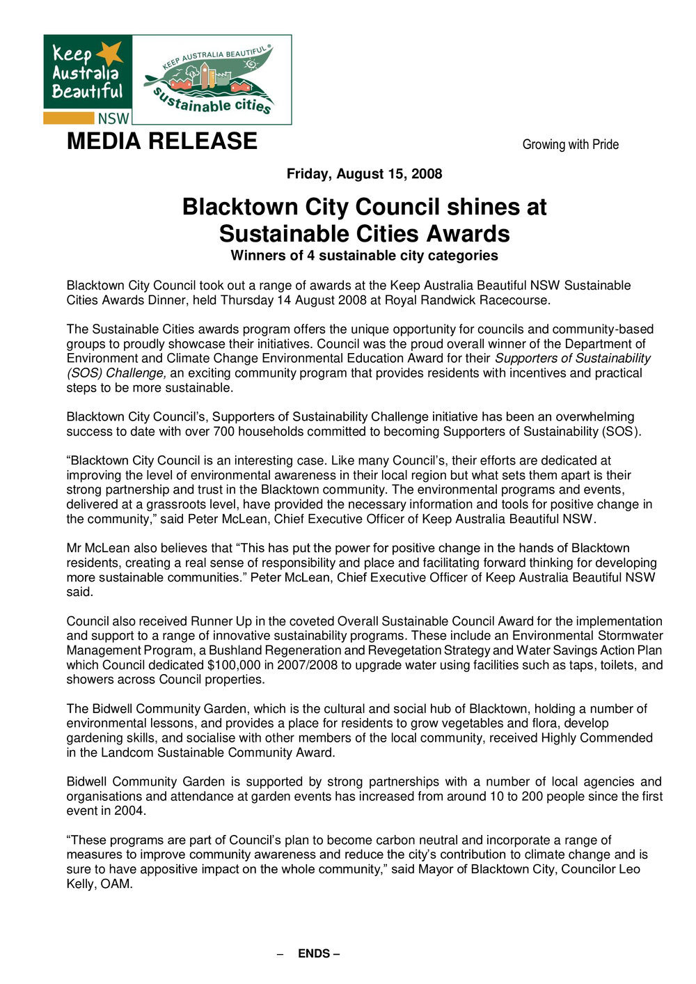 Blacktown City Council Shines at Sustainable City Awards, 2008