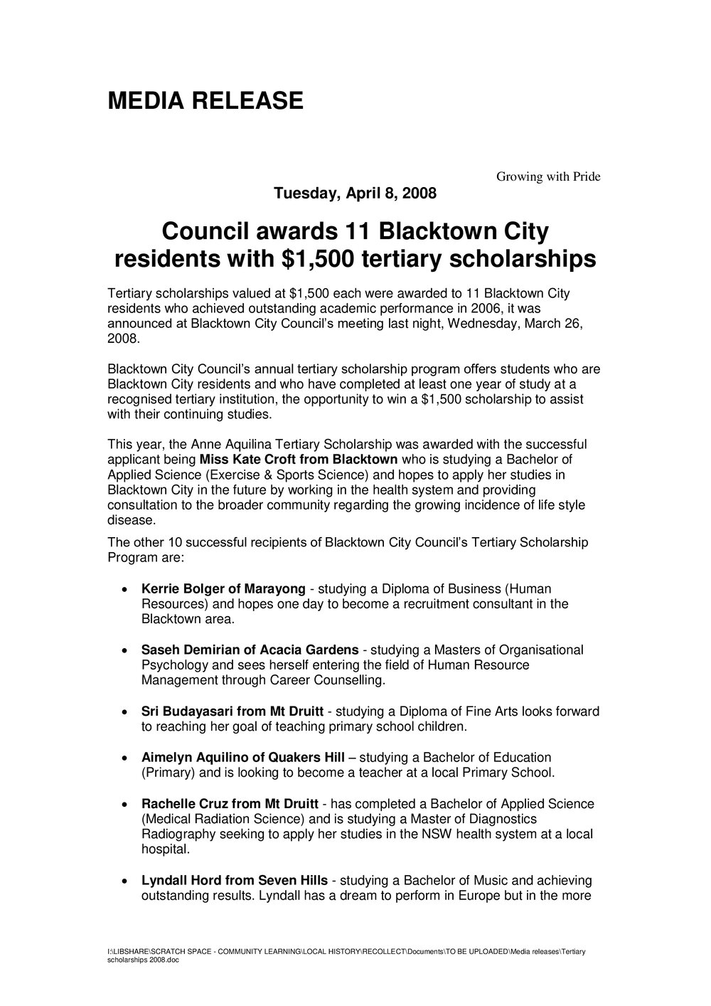 Council Awards 11 Blacktown City Residents with $1,500 Tertiary Scholarships, 2008
