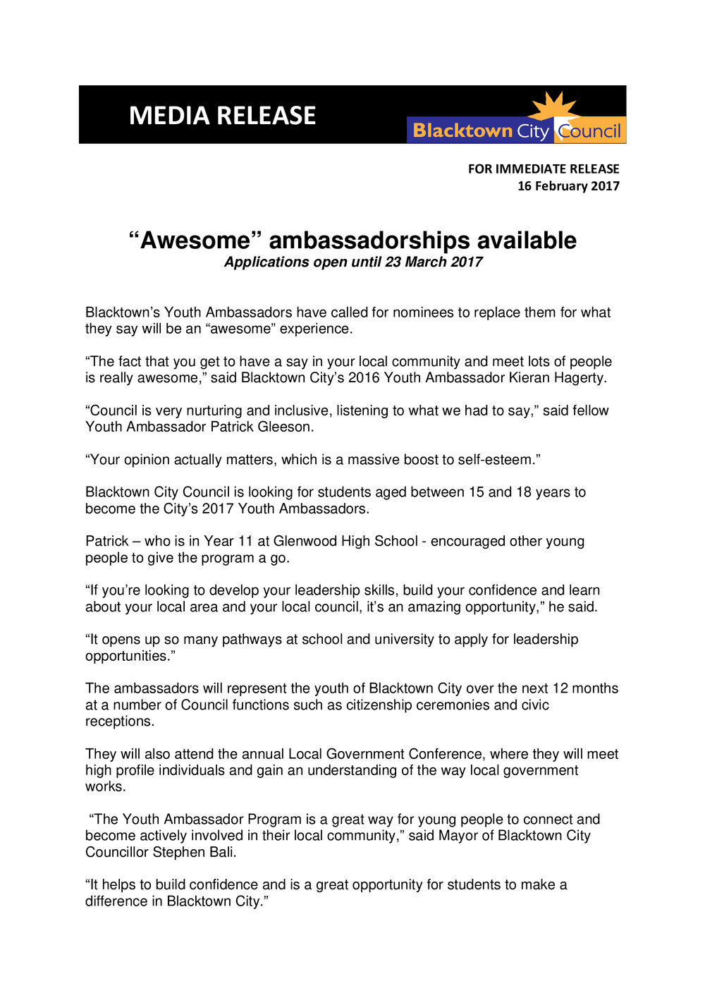 "Awesome" Ambassadorships Available, 2017