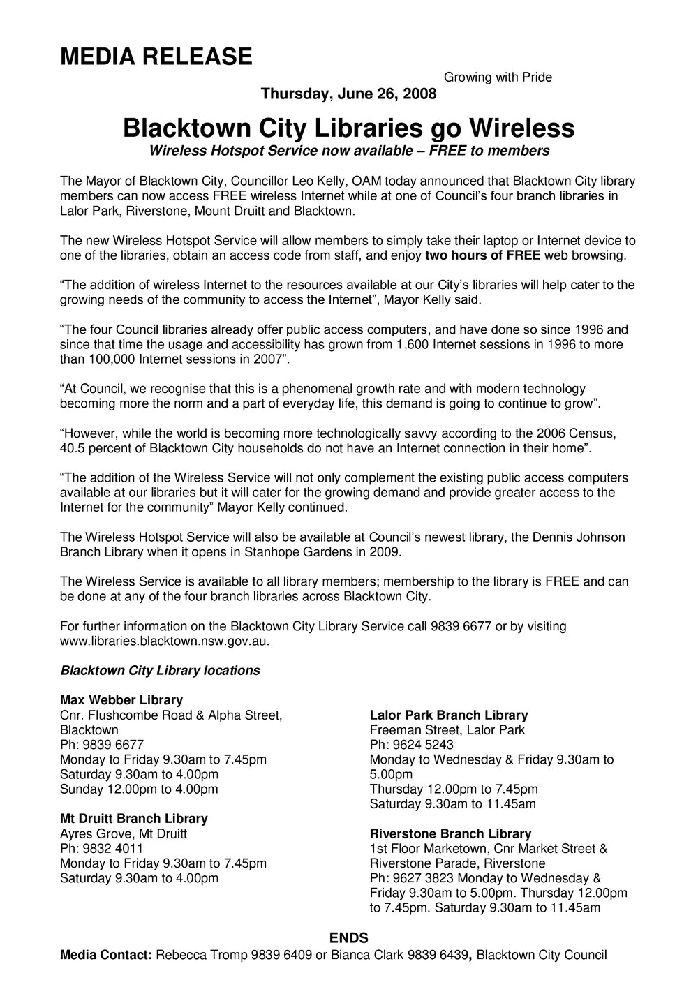 Blacktown City Libraries Go Wireless, 2008