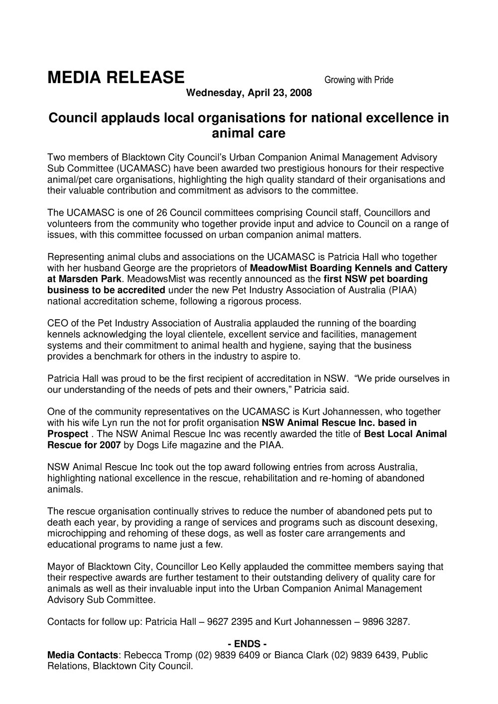 Council Applauds Local Organisations for National Excellence in Animal Care, 2008