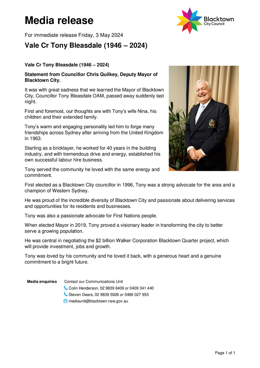 Vale Councillor Tony Bleasdale (1946-2024), 2024