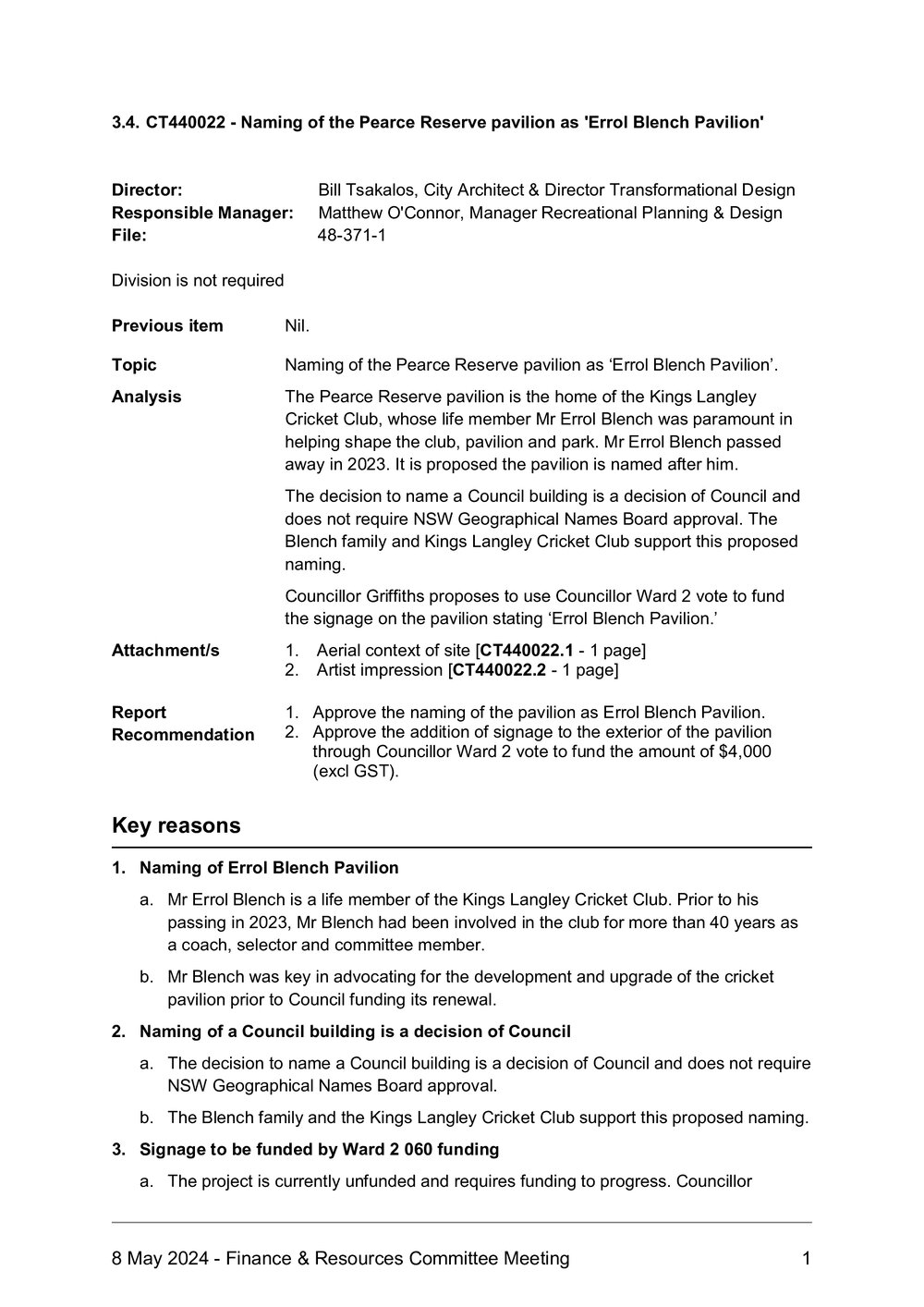 Naming of the Pearce Reserve Pavilion as 'Errol Blench' Pavilion, 2024