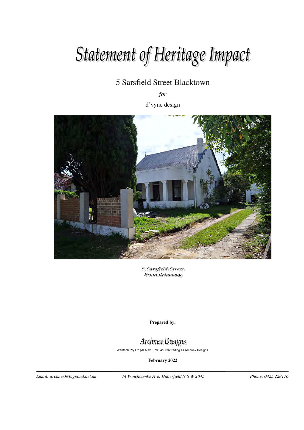 Statement of Heritage Impact, 5 Sarsfield Street, Blacktown, 2022