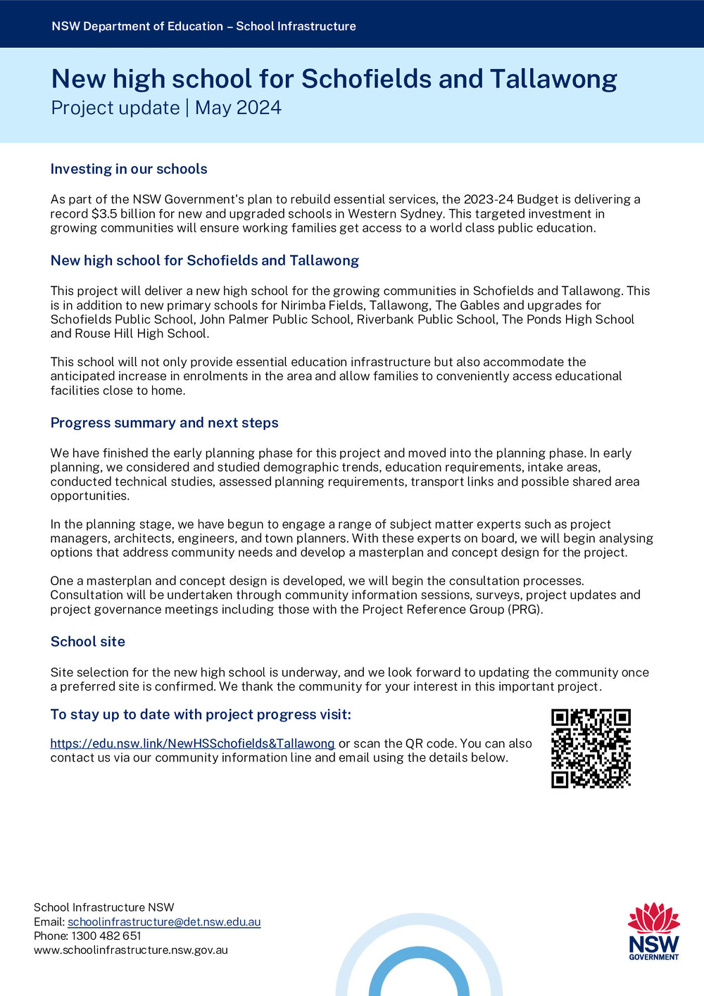 New High School for Schofields and Tallawong Project update, May 2024