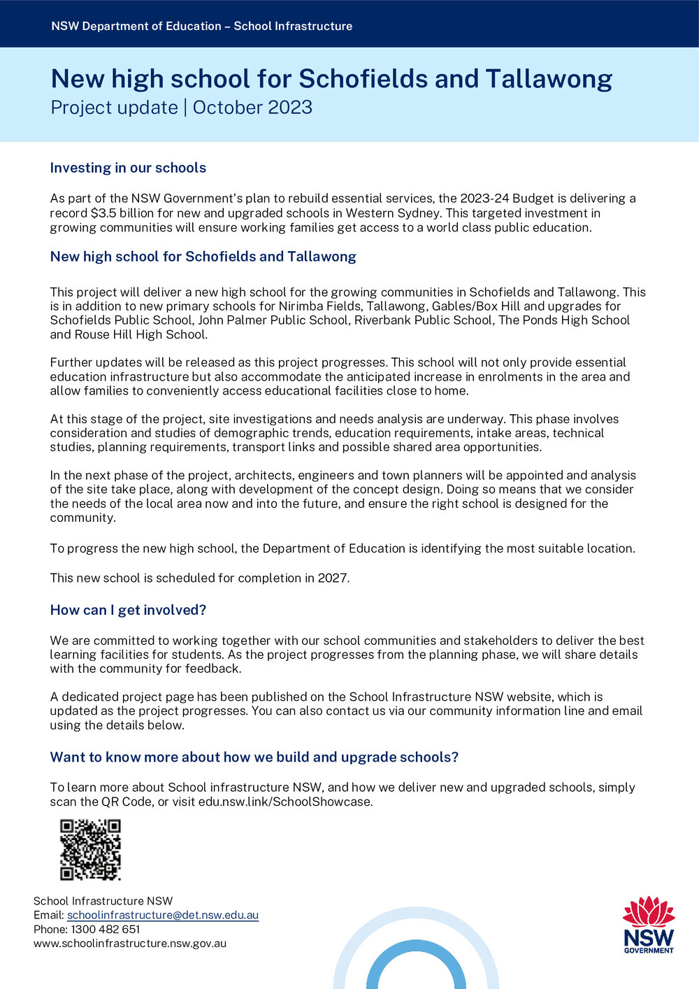 New High School for Schofields and Tallawong Project Update, October 2023