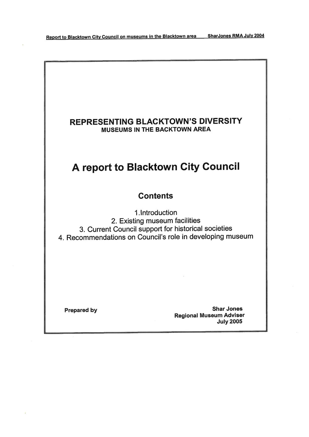 Representing Blacktown's Diversity: Museums in the Blacktown Area, Report to Blacktown City Council, 2005