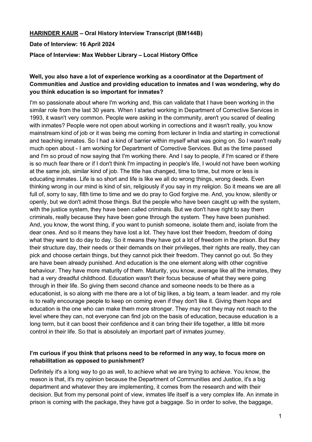 Transcript of Oral History with Harinder Kaur OAM (Part 2)