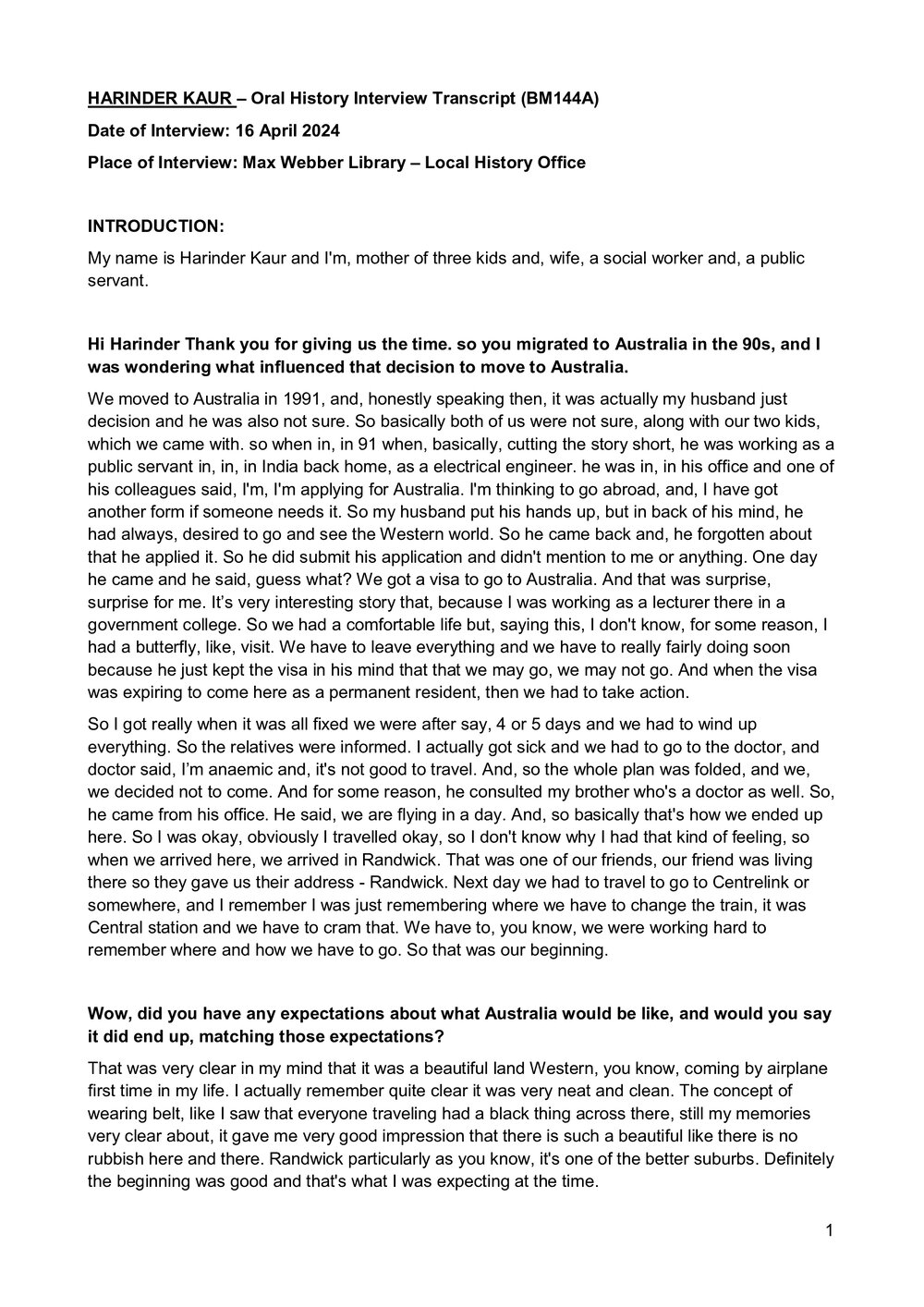 Transcript of Oral History with Harinder Kaur OAM (Part 1)