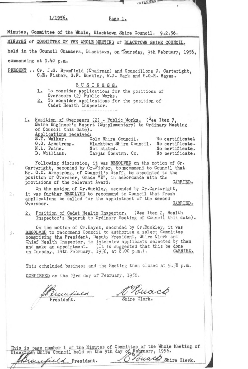 Blacktown Shire Council Minutes, Committee of the Whole, 1956