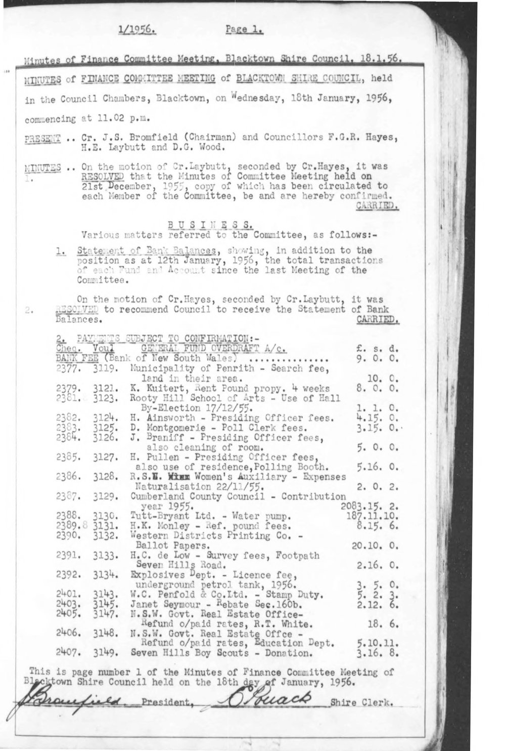 Blacktown Shire Council Minutes, Finance Committee, 1956