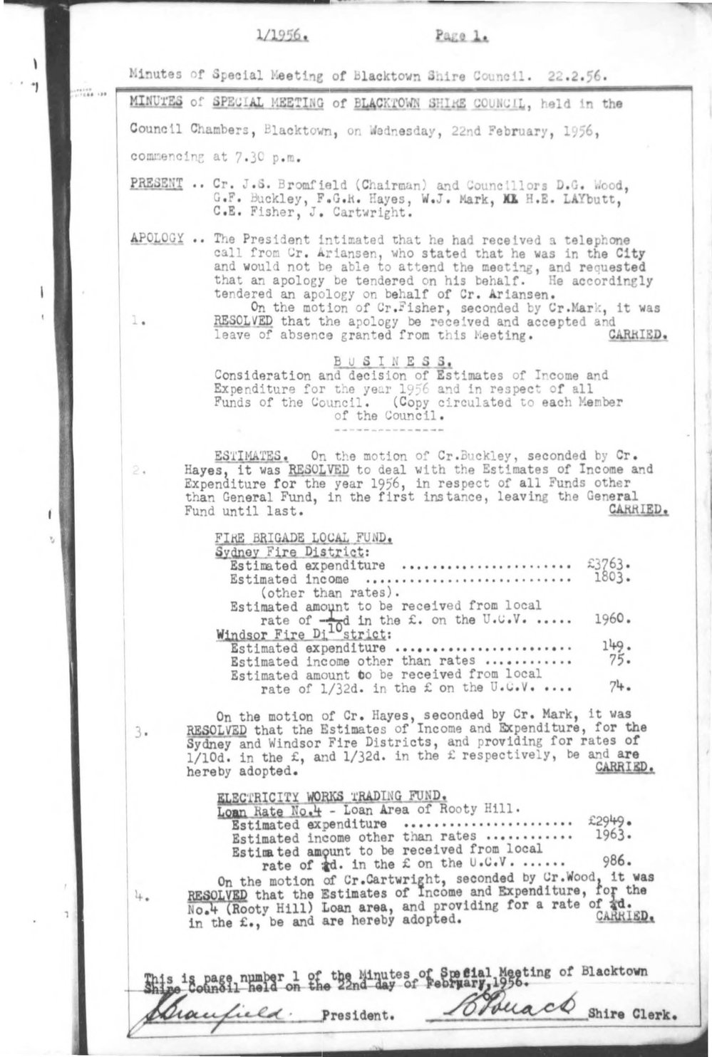 Blacktown Shire Council Minutes, Special Meetings, 1956