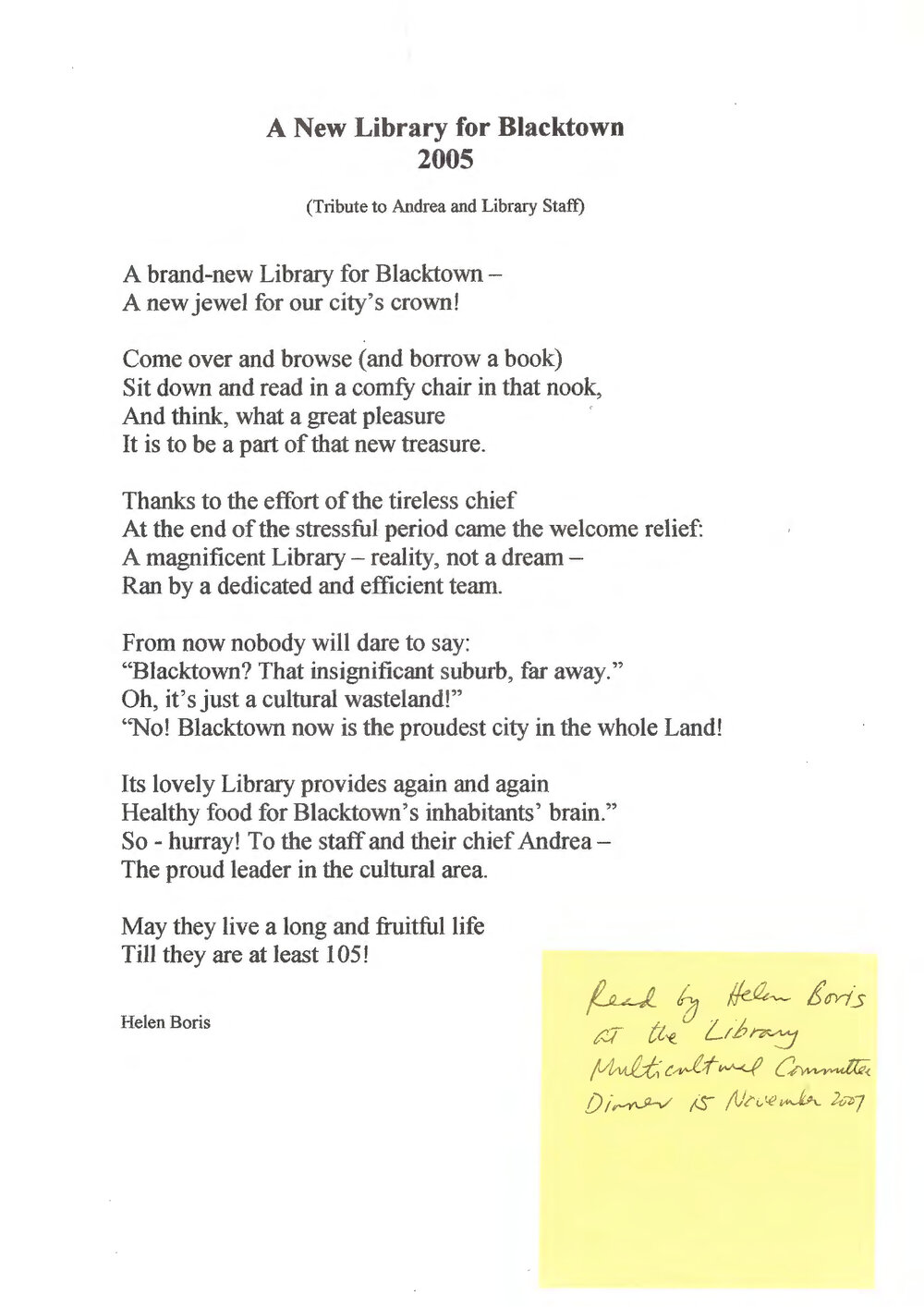 A New Library for Blacktown, Poem by Helen Boris, 2005