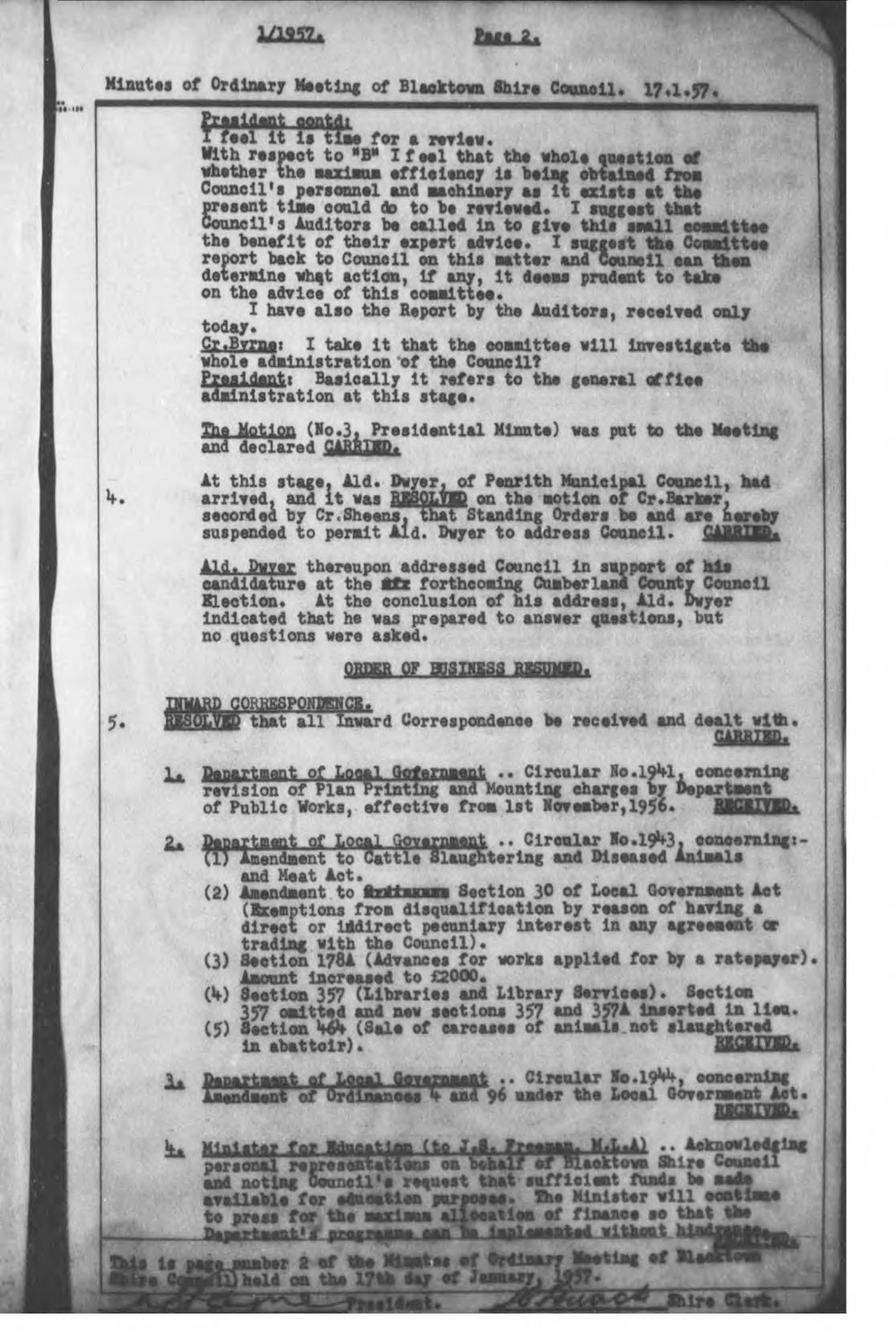 Blacktown Shire Council Minutes, Ordinary Meeting, 1957
