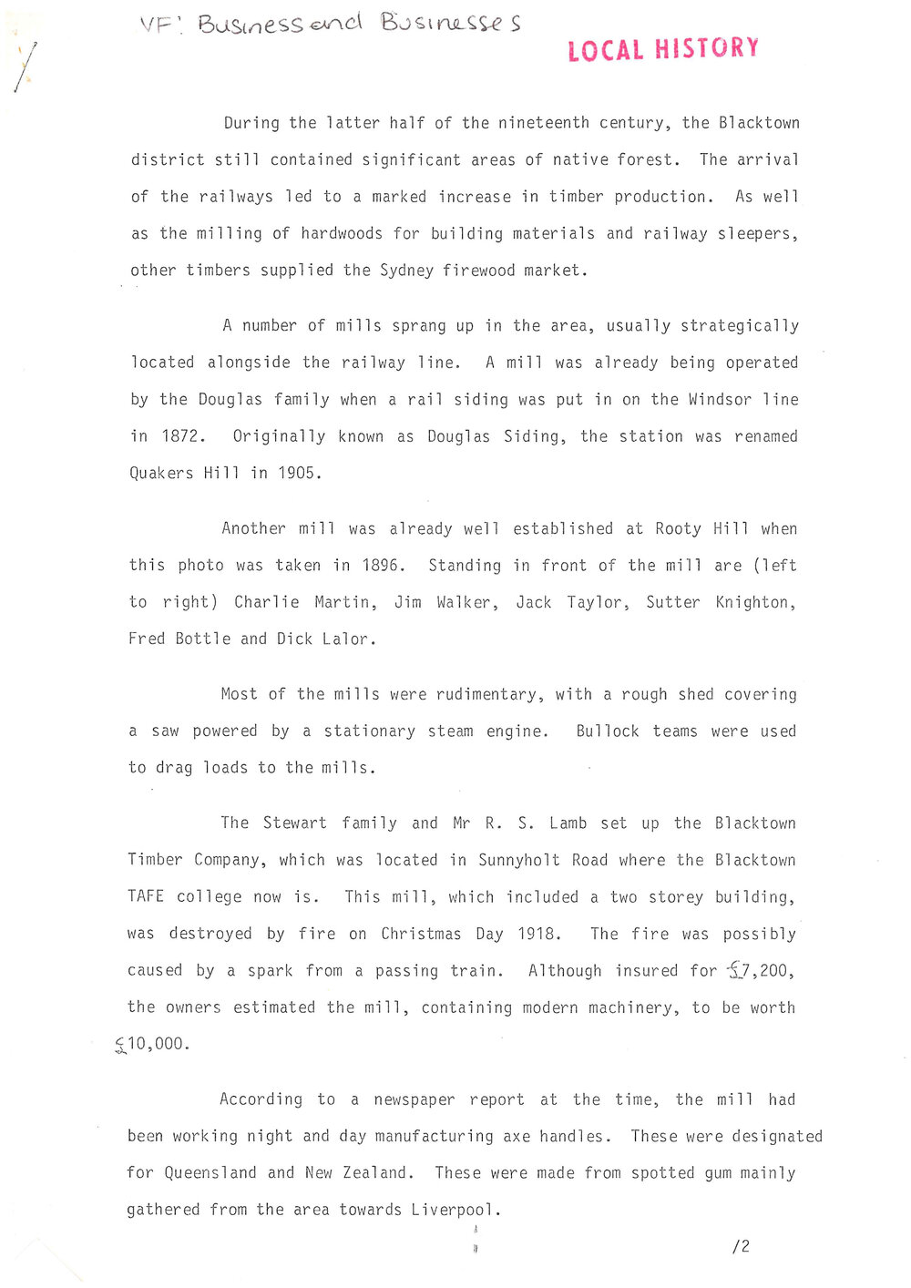 History of Timber Businesses in the Blacktown Area, n.d.