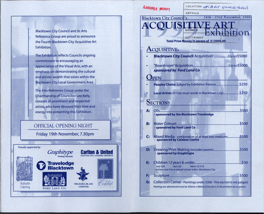 Blacktown City Council's Acquisitive Art Exhibition Entry  Form1999