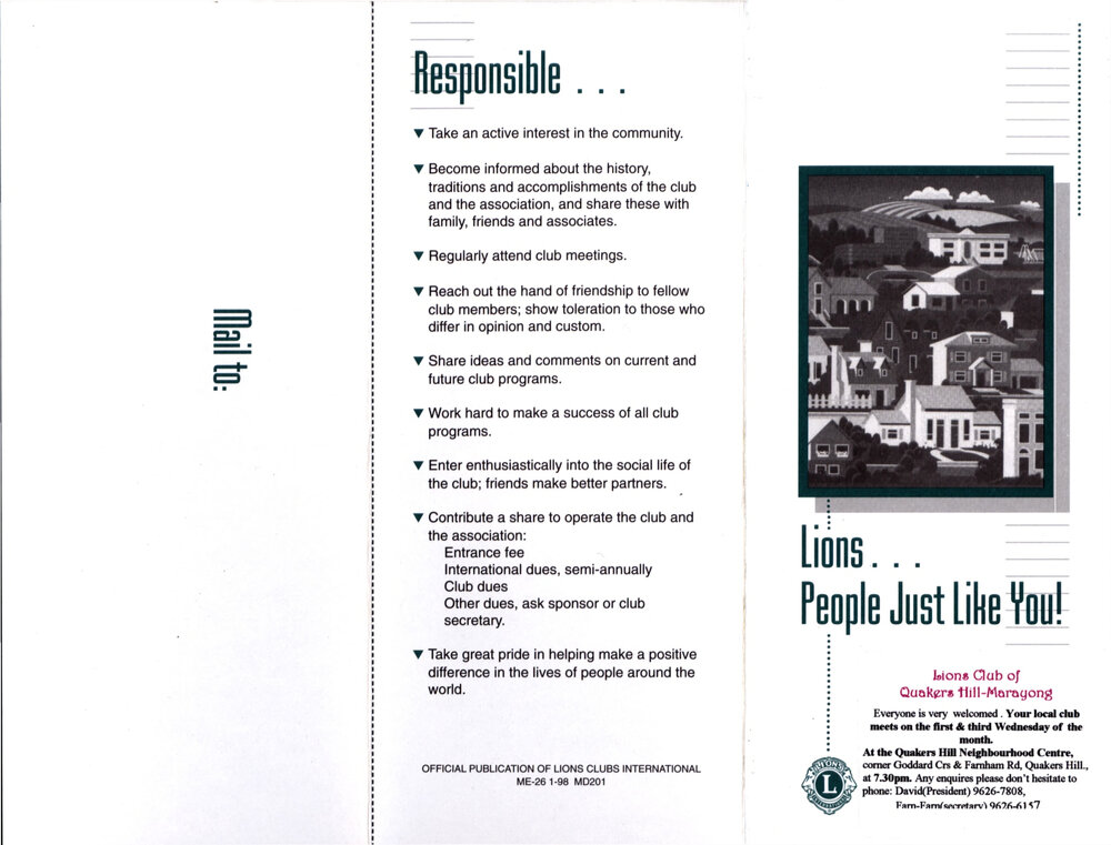 Lions Club of Quakers Hill-Marayong Pamphlet, c1998