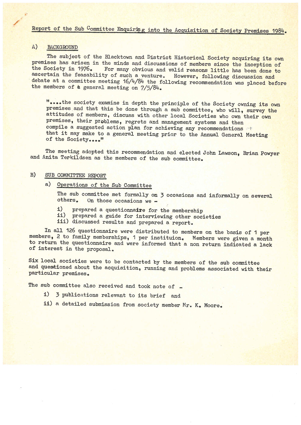 Report of the Blacktown and District Historical Society Sub Committee Enquiring into the Acquisition of Society Premises, 1984