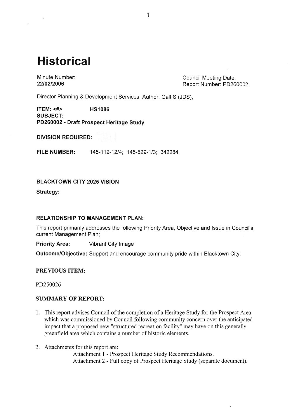 Draft Prospect Heritage Study Meeting Minutes, 2006