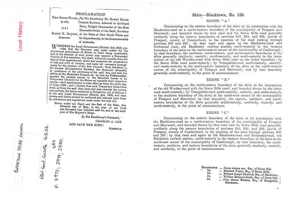 Proclamation of Temporary Council for Shire of Blacktown NSW Govt. Gazette 16.5.1906