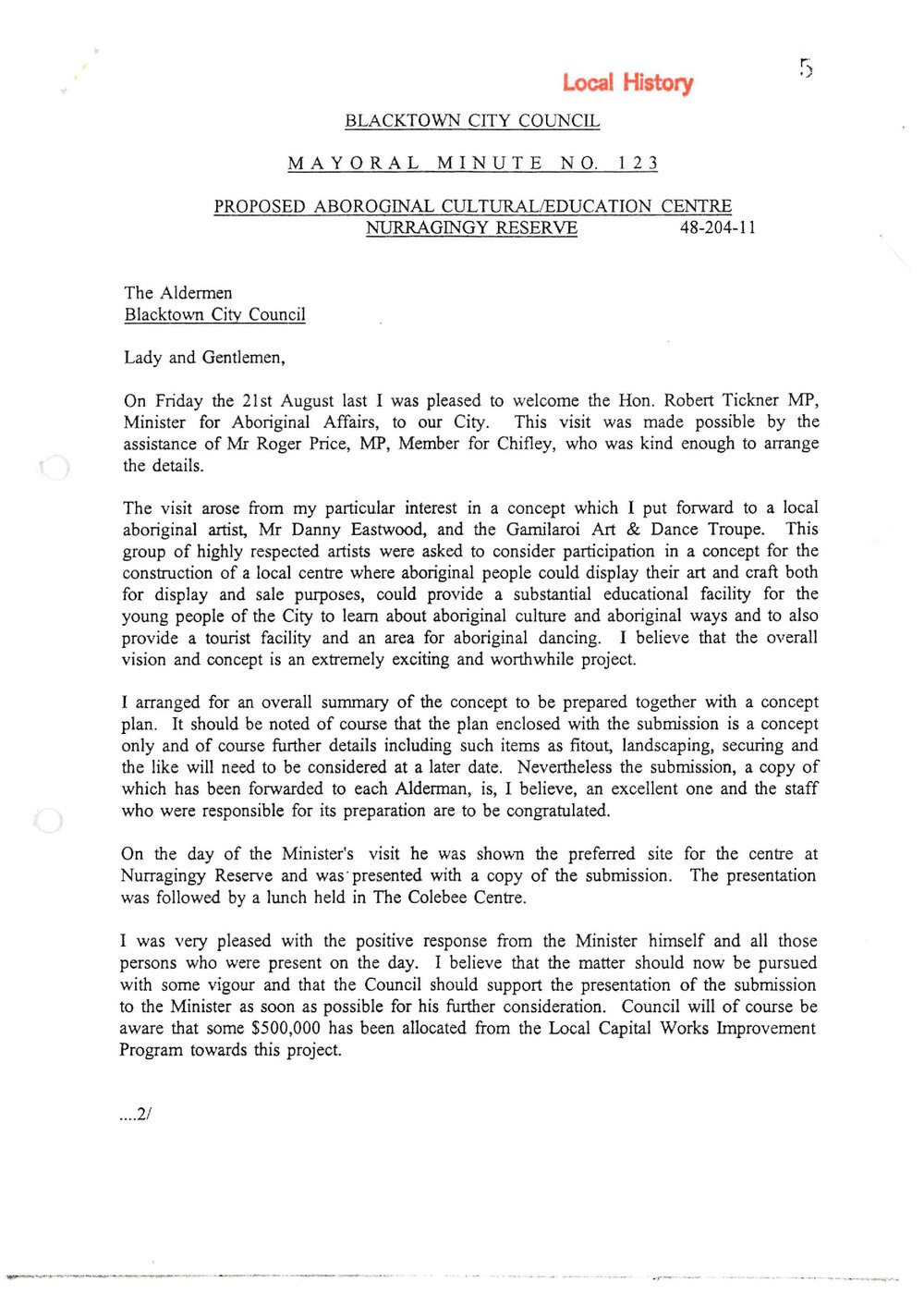 Proposed Aboriginal Cultural Education Centre Nurragingy Reserve (Mayoral Minute), 1990