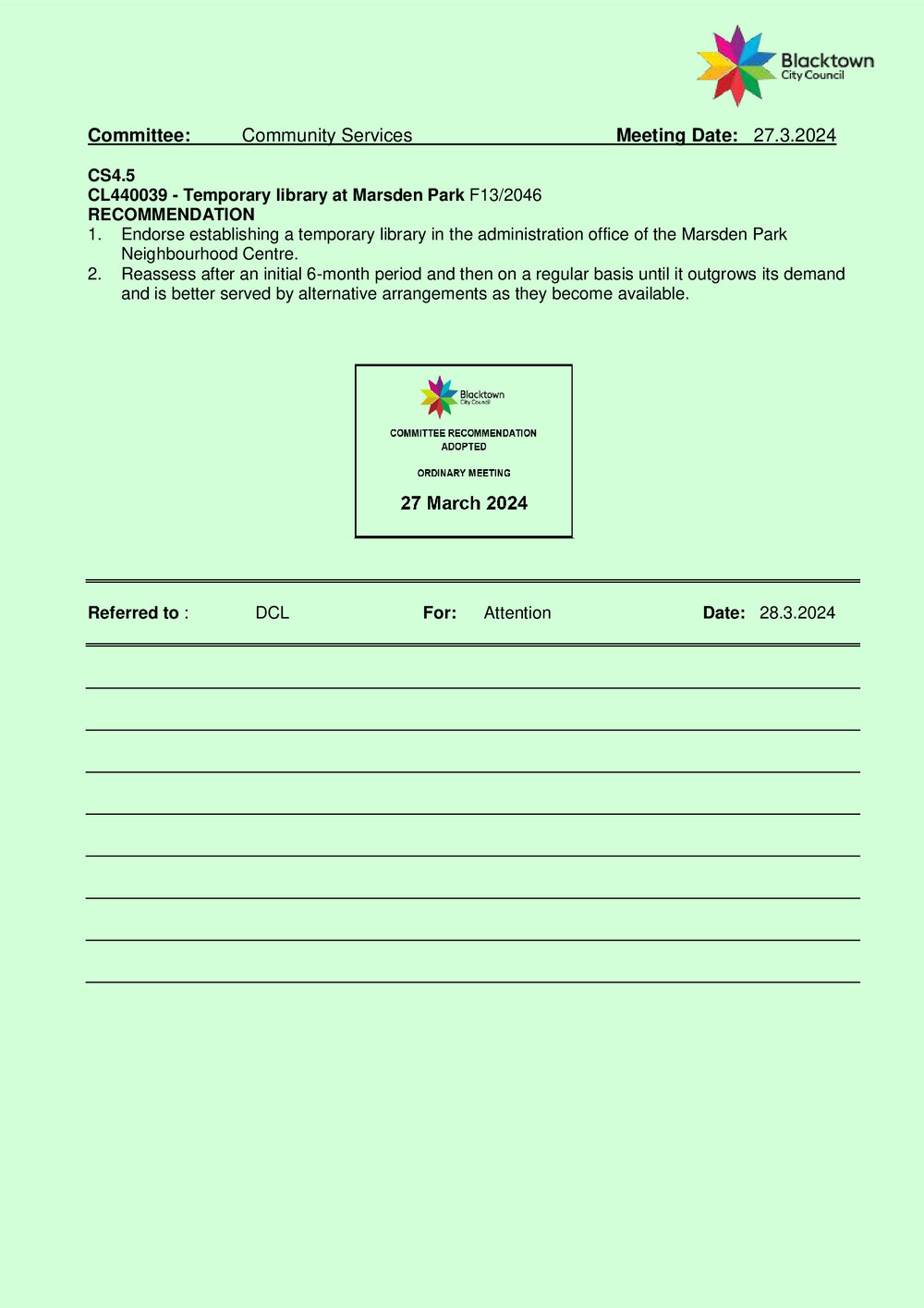 Ordinary Meeting -Marsden Park Temporary library