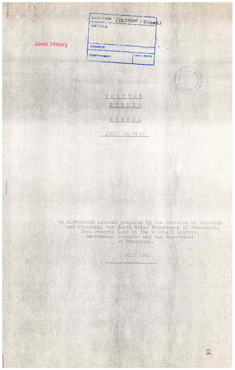 Colyton Public School, 1861 to 1940