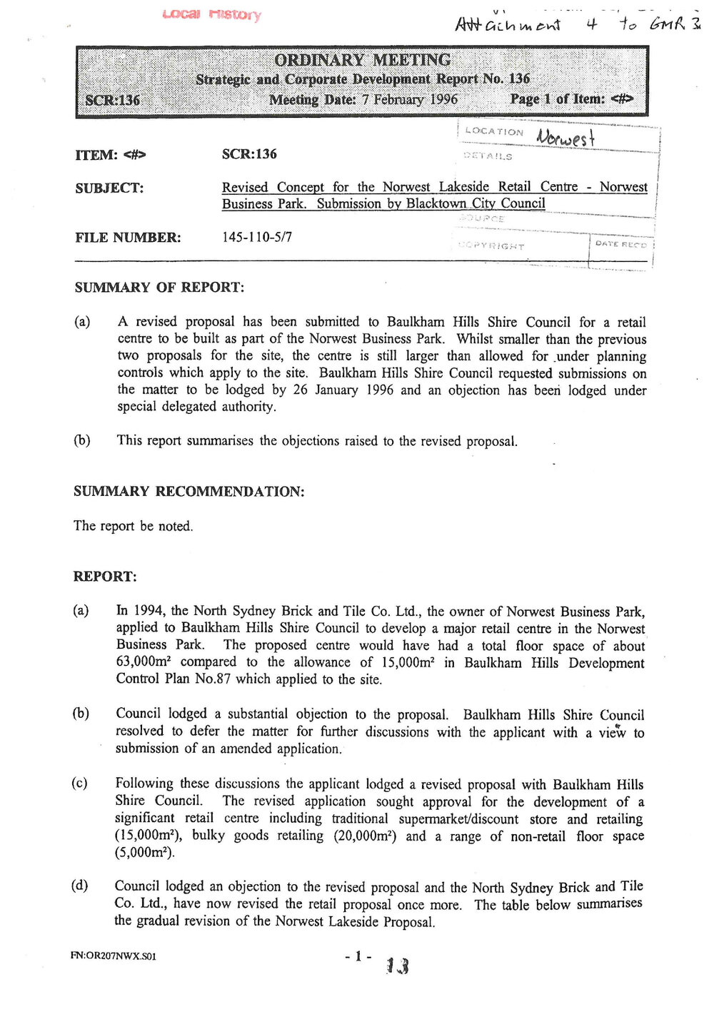 Revised Concept for the Norwest Lakeside Retail Centre - Norwest Business Park. Submission by Blacktown City Council, 1996