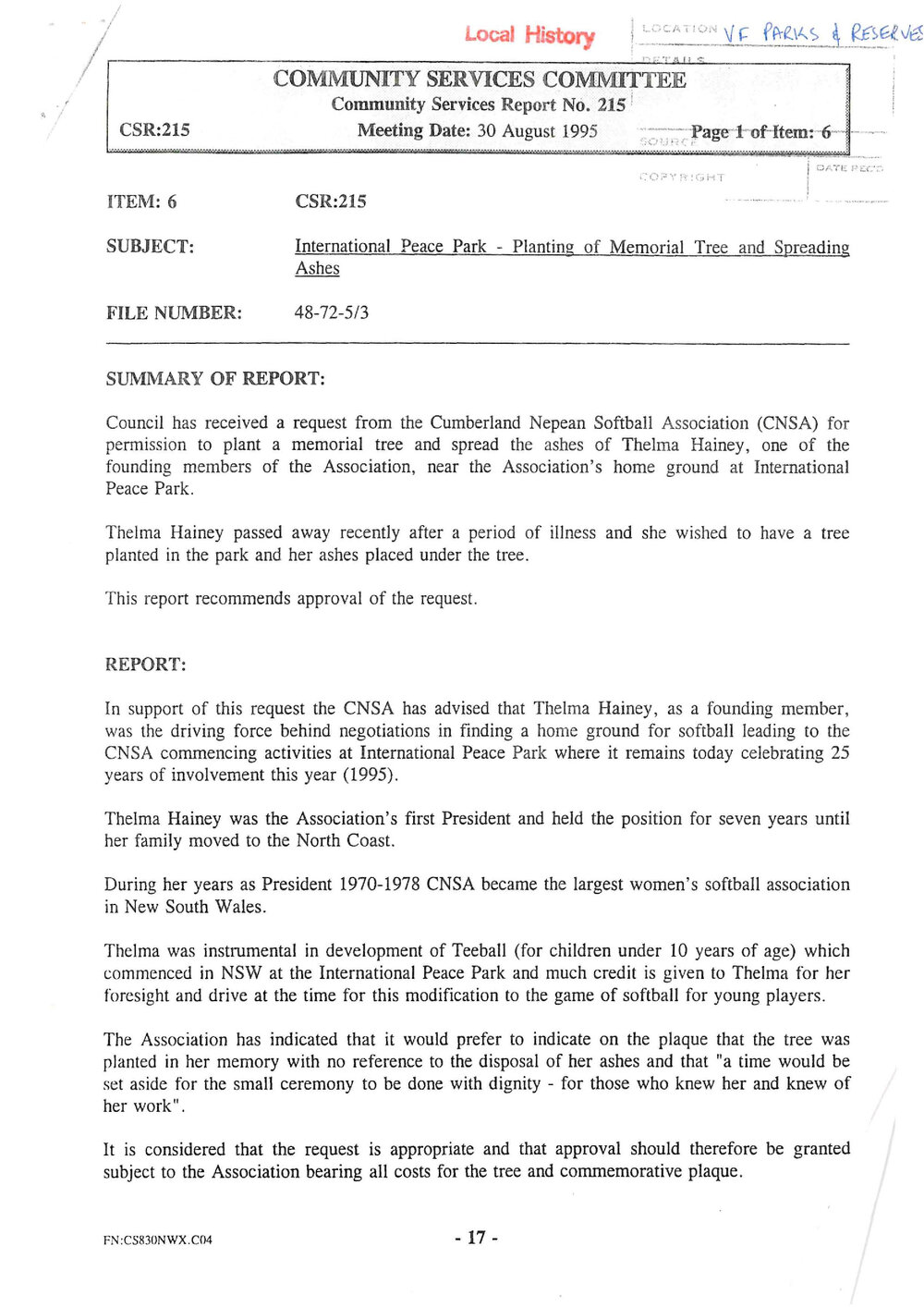 International Peace Park - Honouring Thelma Hainey, 1995