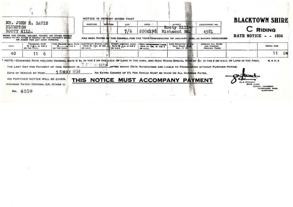 Blacktown Shire Council Rates Notice, C Riding, 1934