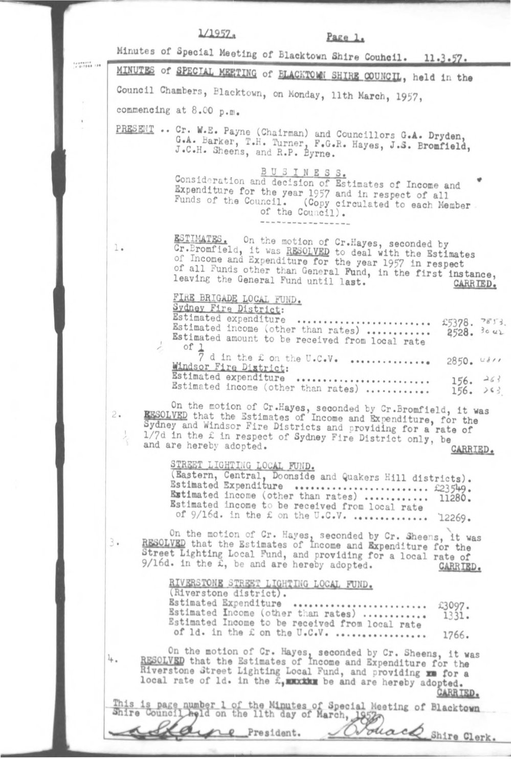 Blacktown Shire Council Minutes, Special Meetings, 1957