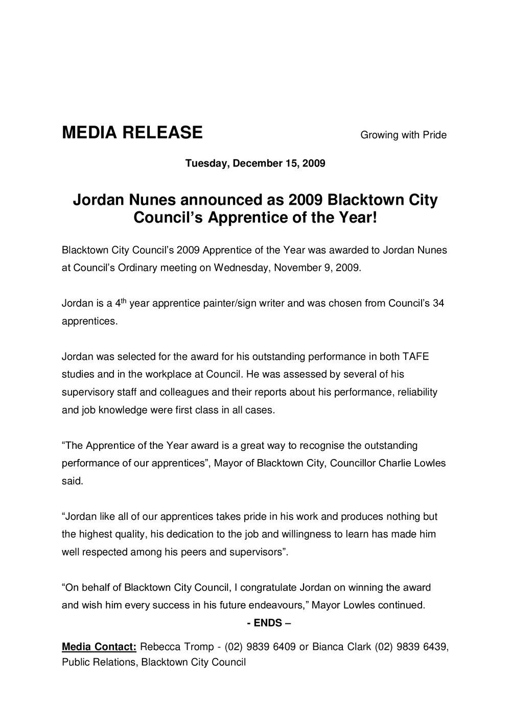 Blacktown City Council Apprentice of the Year, 2009