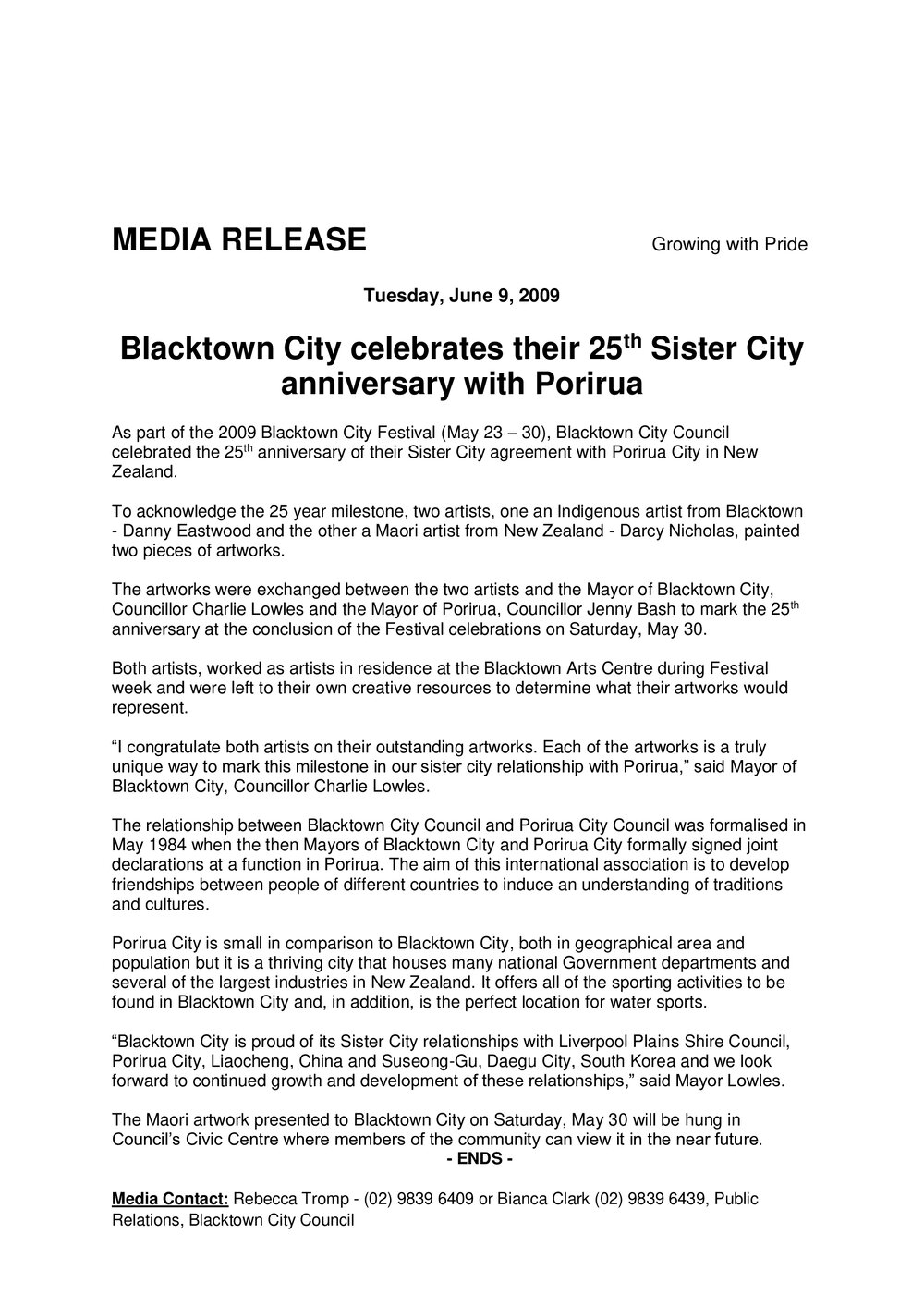 Sister City 25th Anniversary with Porirua, 2009