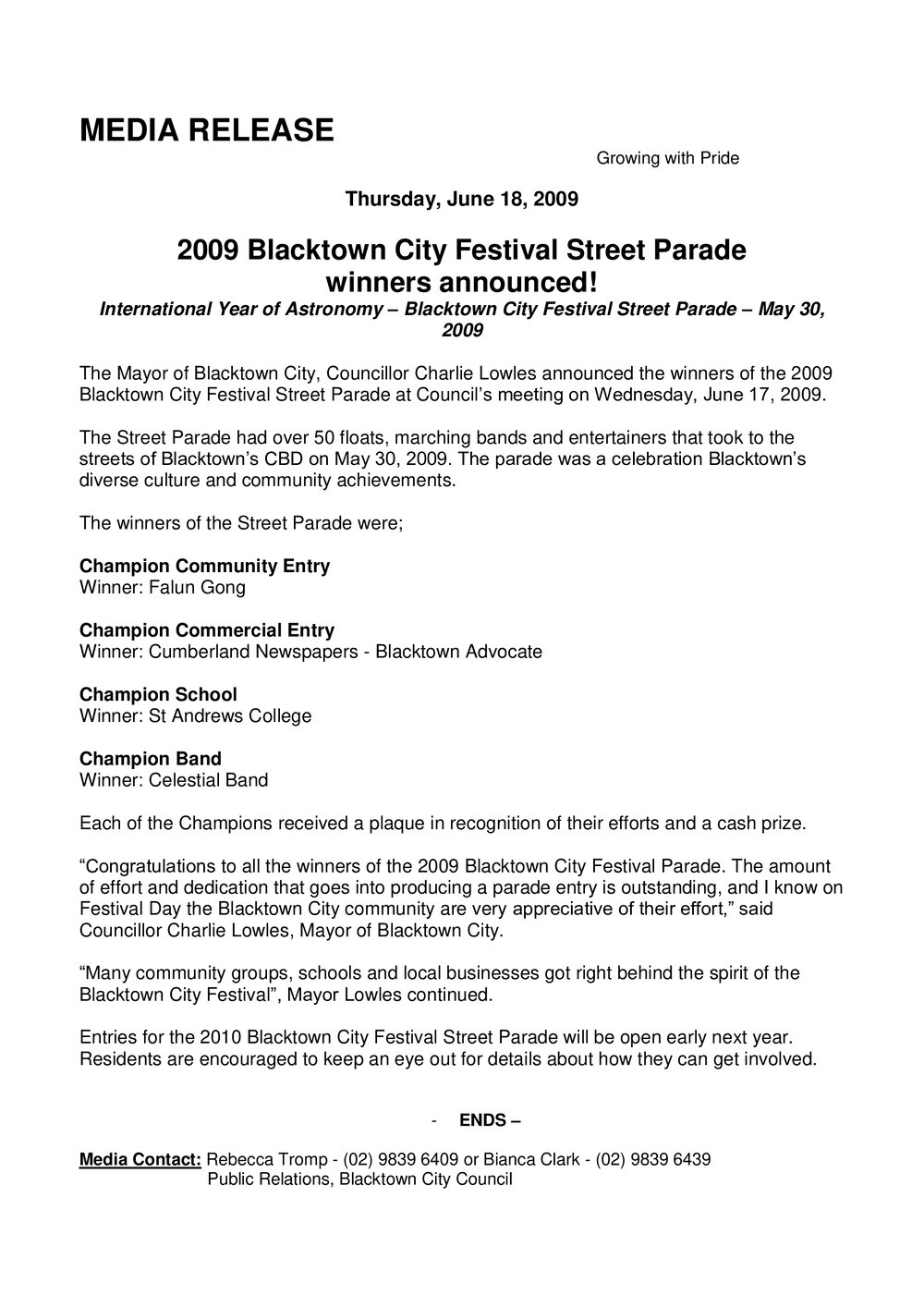  Blacktown City Festival Parade Winners, 2009