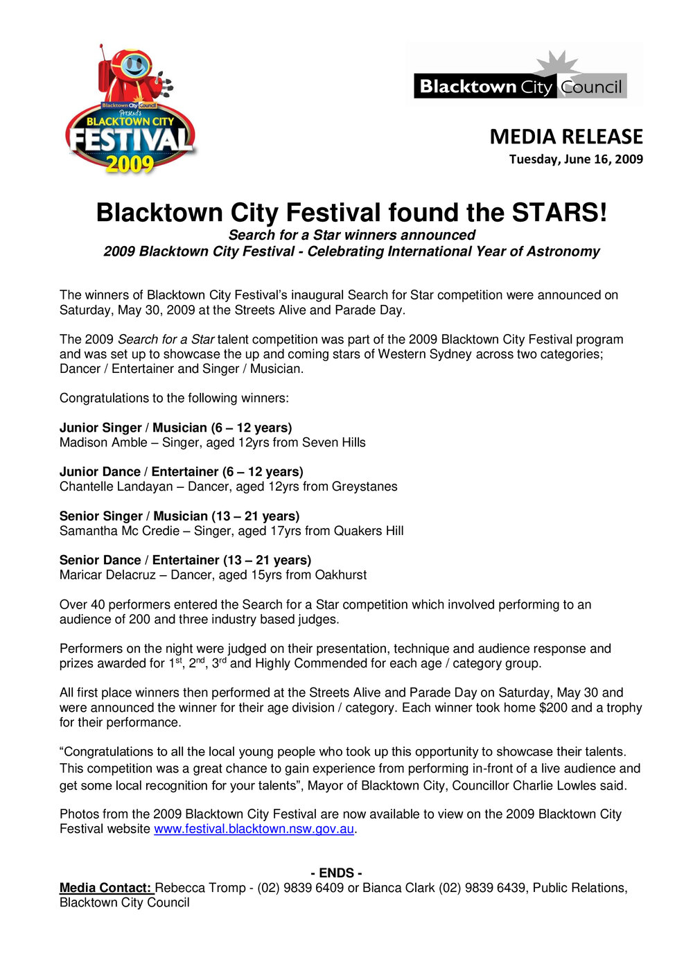 Blacktown City Festival Found the Stars, 2009