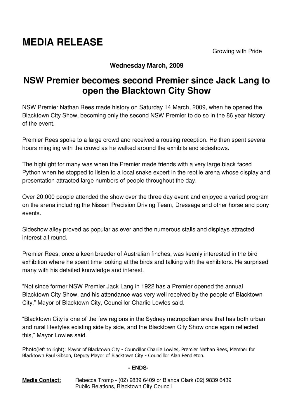 Blacktown City Show Opened by Premier Nathan Rees, 2009