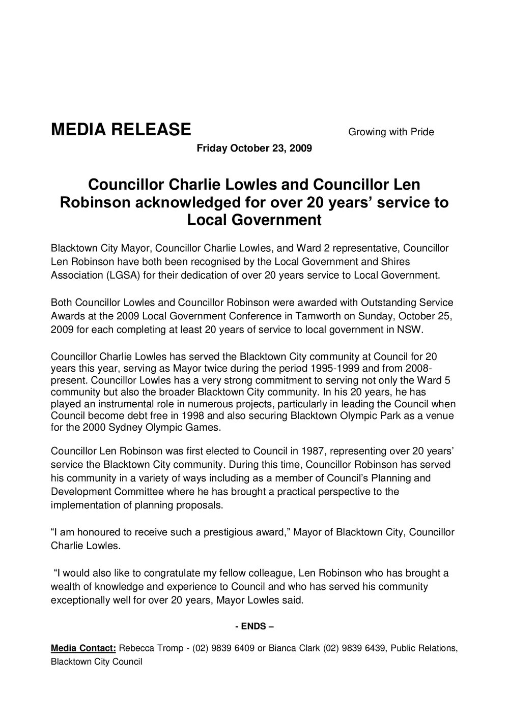Councillors Lowles and Robinson - Twenty Years of Service to Local Government, 2009