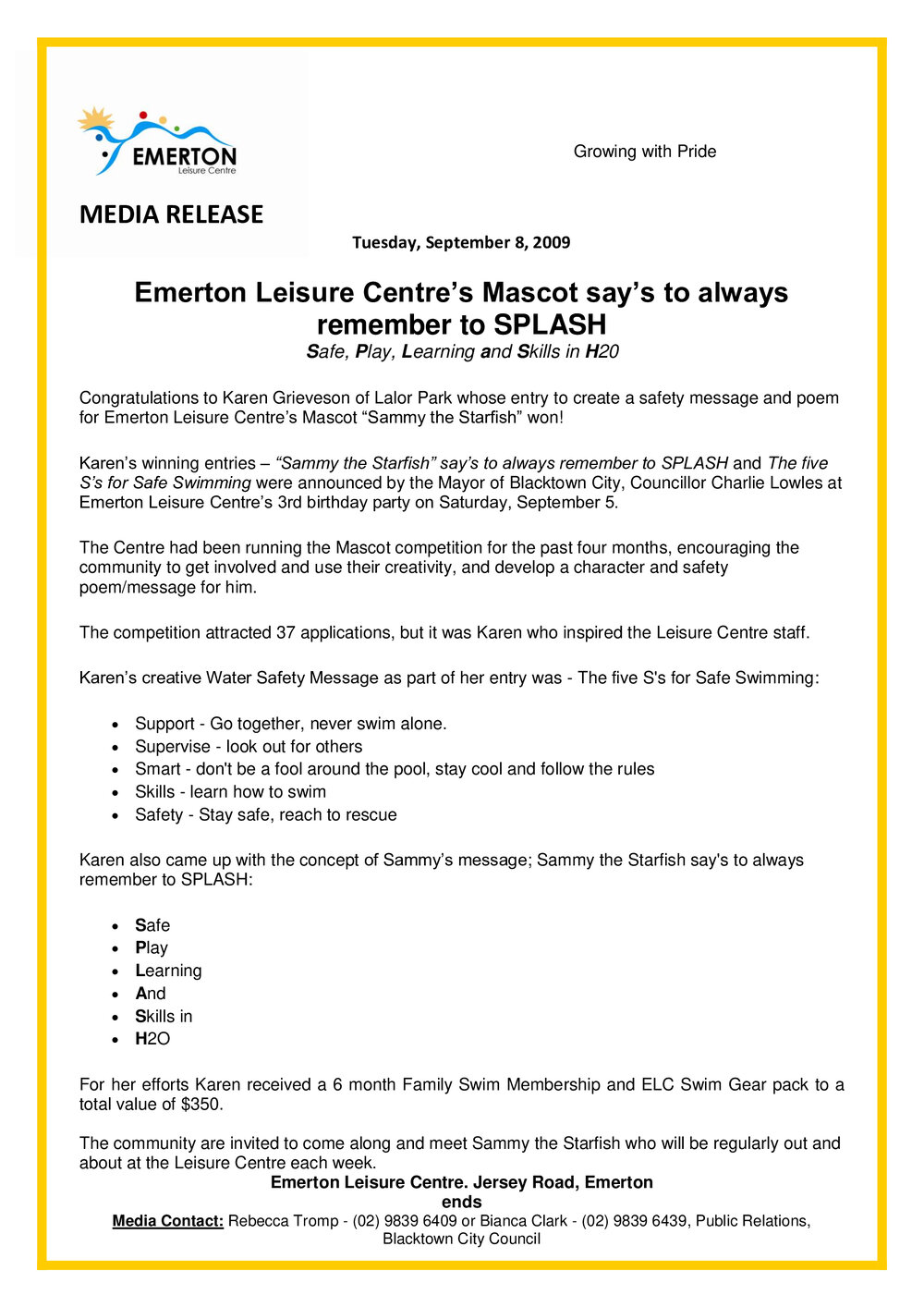 Emerton Leisure Centre Mascot Competition, 2009