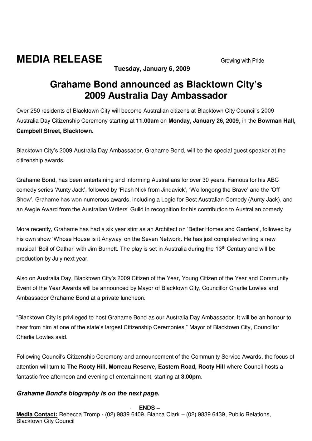 Grahame Bond Announced as Blacktown City's 2009 Australia Day Ambassador