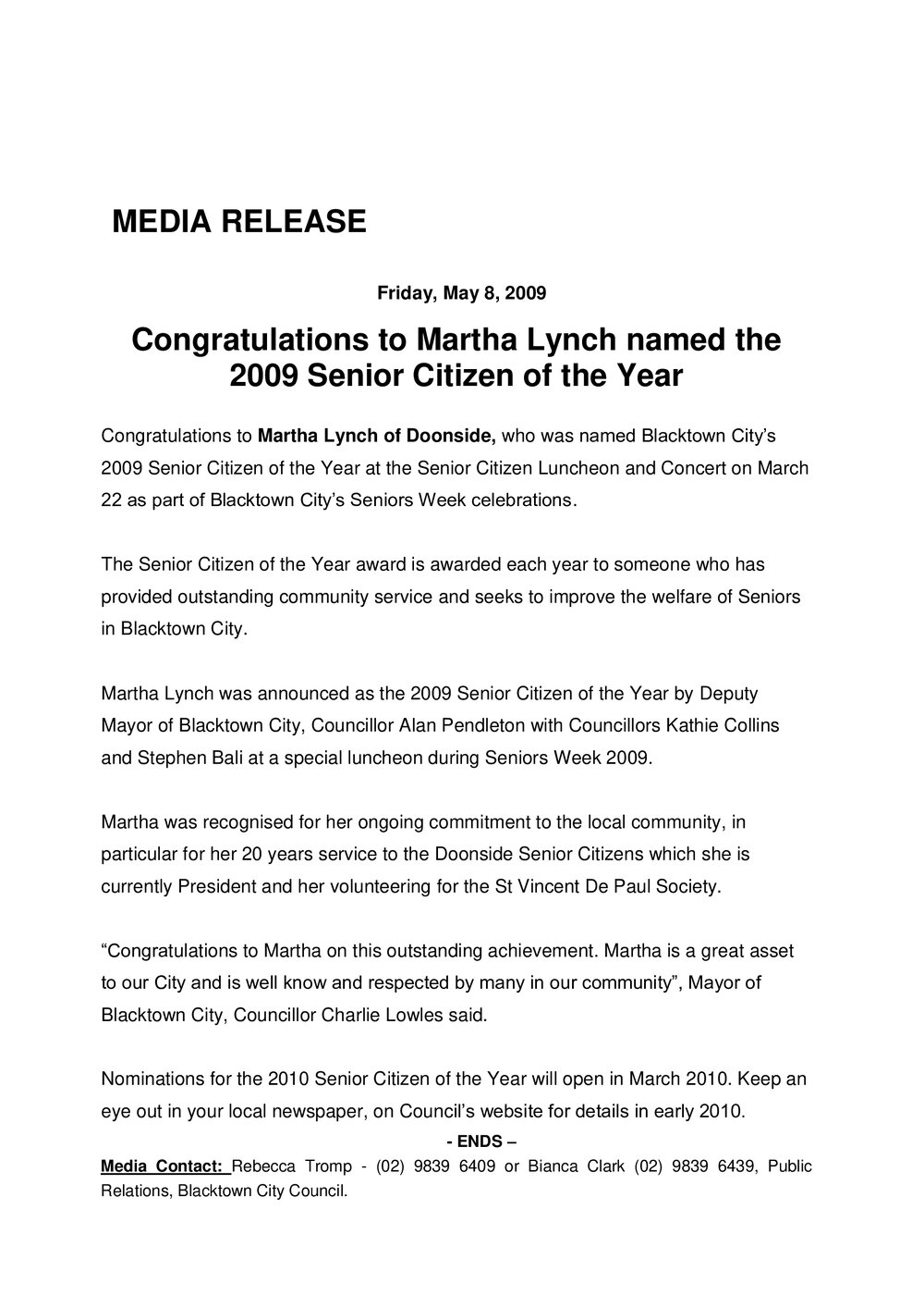 Martha Lynch Blacktown City Senior Citizen of the Year, 2009