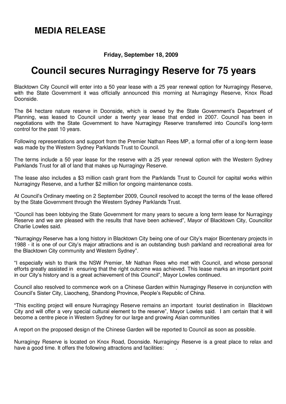 Council Secures Nurragingy Reserve for 75 Years, 2009
