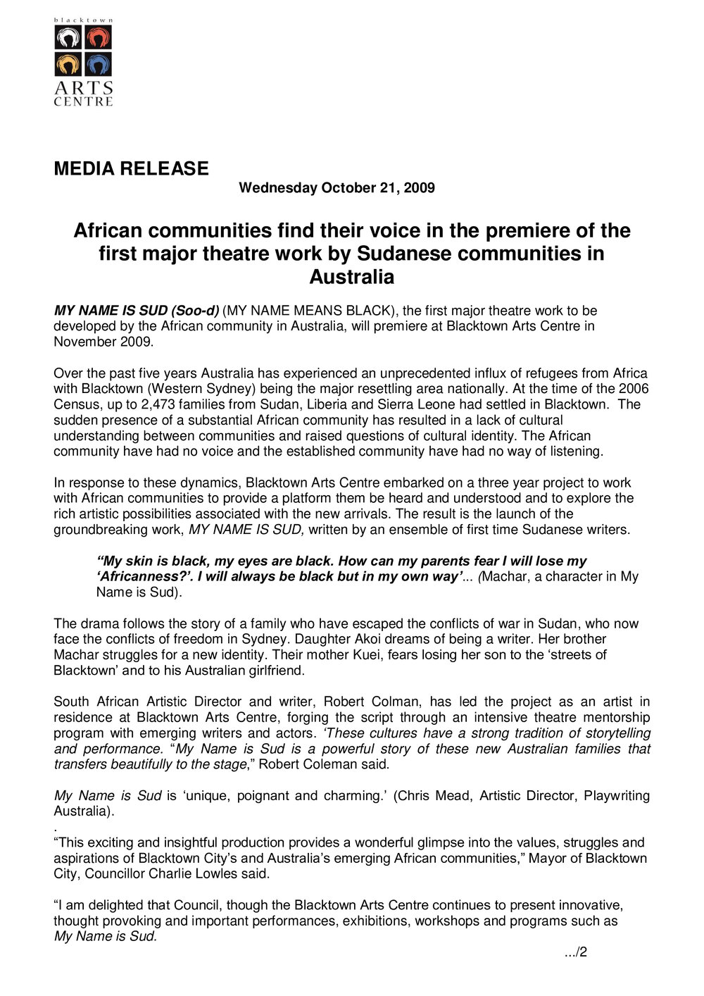 My Name is Sud - First Major Theatre Work by Sudanese Communities in Australia,2009