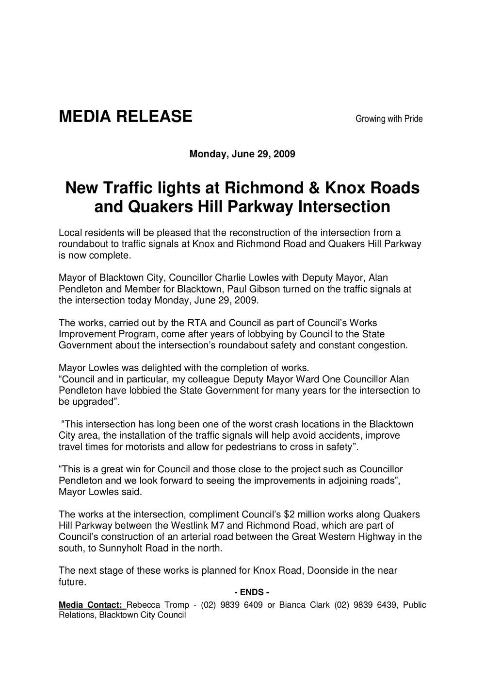Traffic Lights Installed at Quakers Hill Parkway, Richmond Road and Knox Road Intersection, 2009