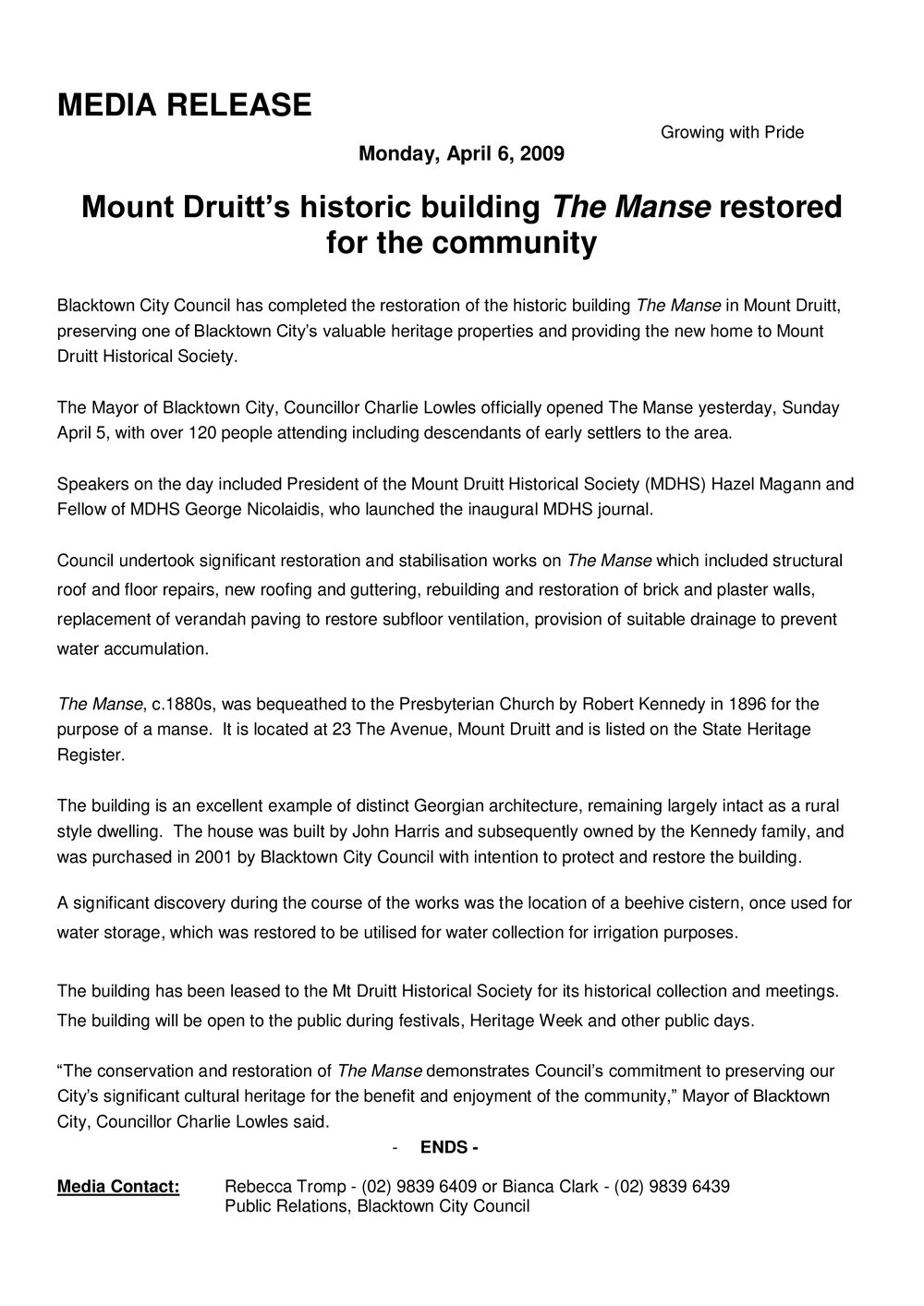 Mount Druitt's Historical Building The Manse Restored for the Community, 2009