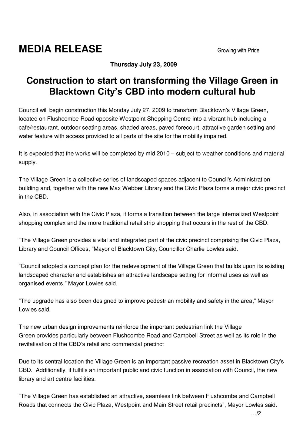 Construction to Transform the Village Green, Blacktown CBD, 2009