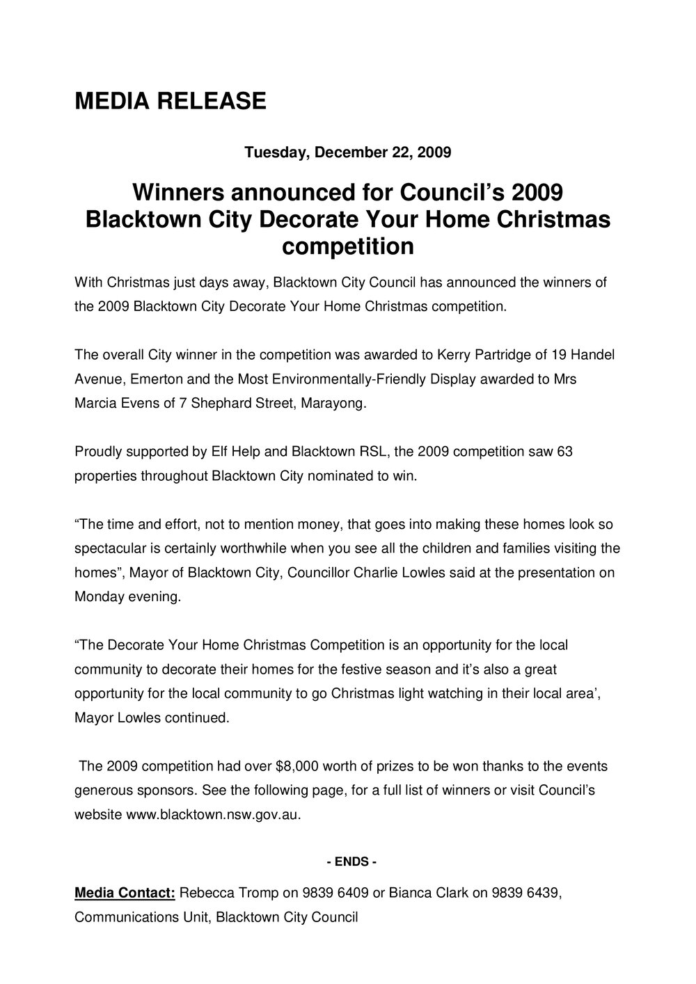 Winners of Blacktown City Decorate Your Home Christmas Competition, 2009