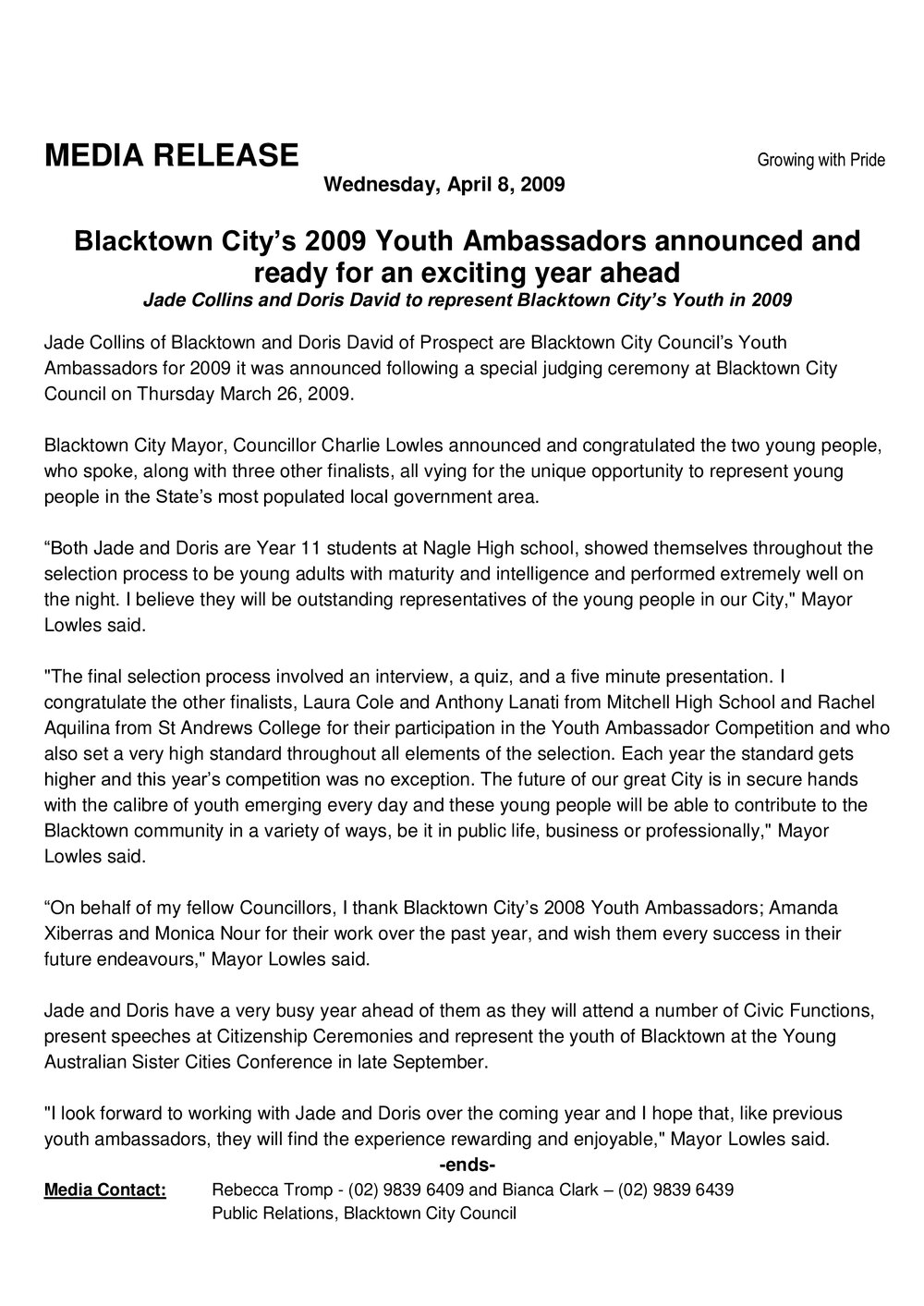 Blacktown City Youth Ambassadors, 2009