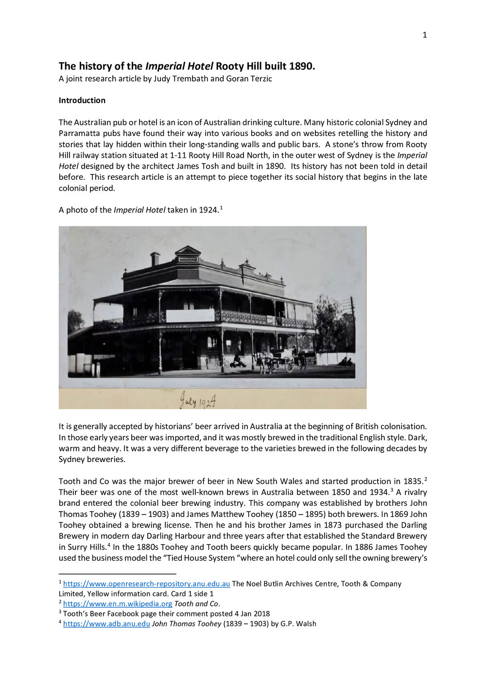 The History of the Imperial Hotel Rooty Hill built 1890 - Judy Trembath and Goran Terzic