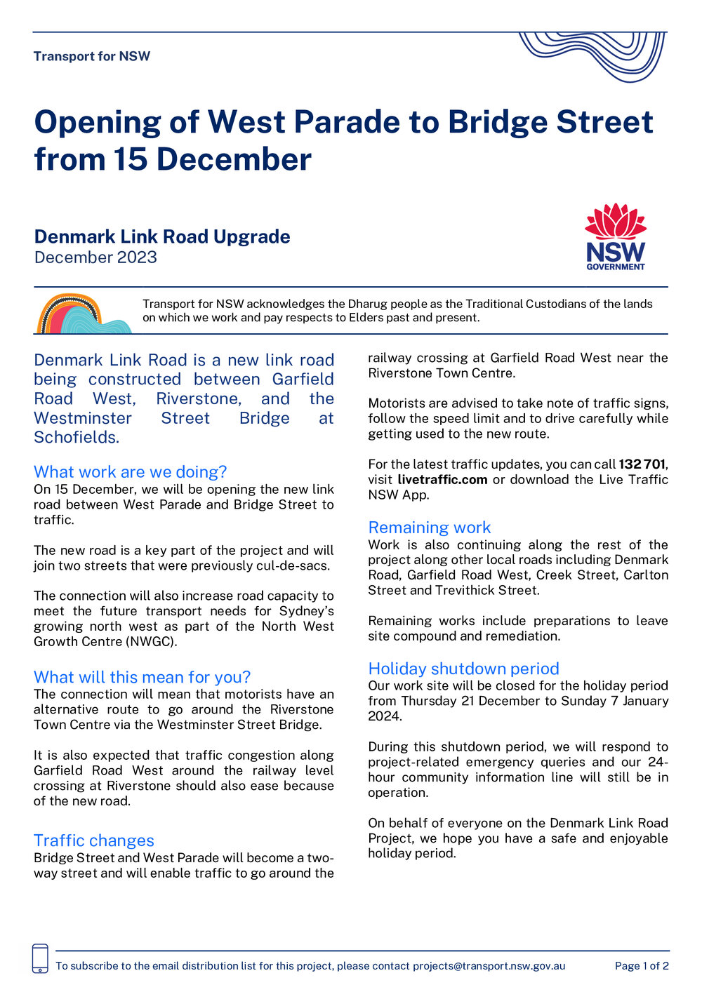 Denmark Link Road Upgrade: Opening of West Parade to Bridge Street, 2023