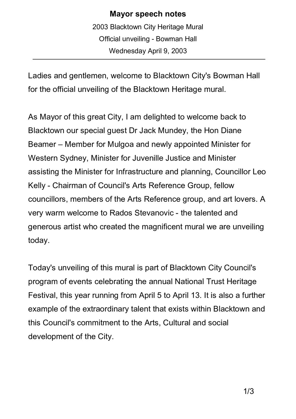Bowman Hall Blacktown Heritage Mural Unveiling, April 2003